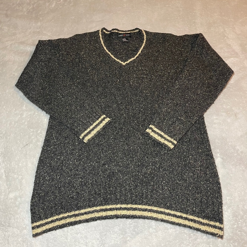 Vintage Jamie Scott Sweater Women L Gray m Wool Blend V-Neck Marled Striped Trim